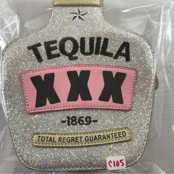 Crossbody Novelty Tequila Sparkly Silver Bag Purse Zip Close Crossbody - Picture 14 of 16
